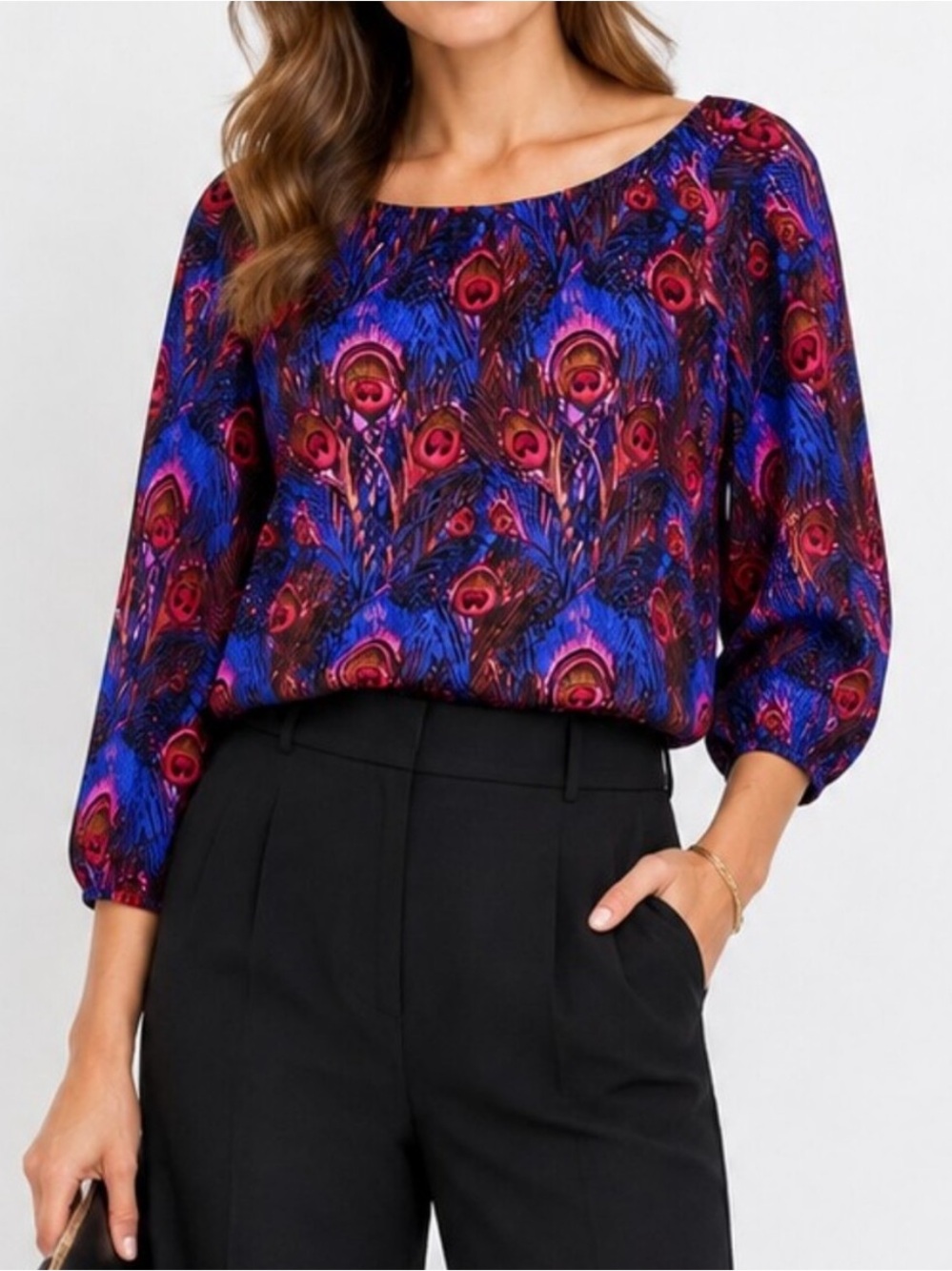 Britt Ryan 100% Silk Boat Neck Blouse Blue Pink Peacock Feathers Sz 6